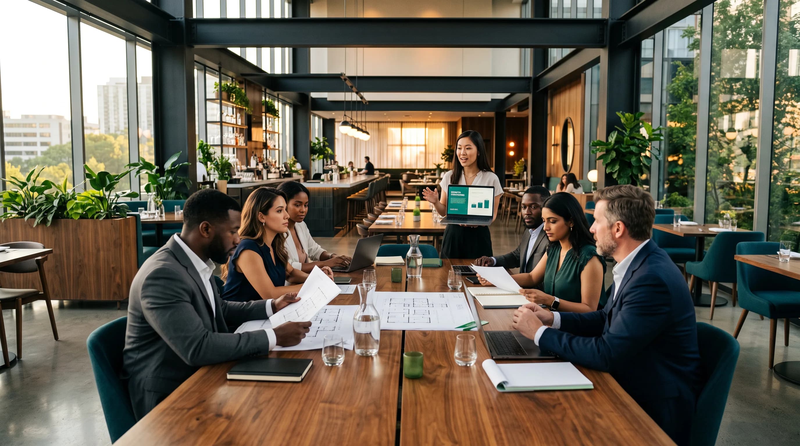 A multicultural hospitality leadership team collaborating inside an upscale restaurant